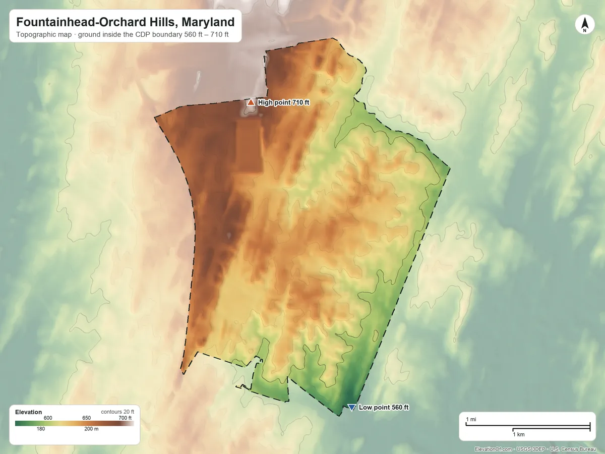 Topographic elevation map of Fountainhead-Orchard Hills, Maryland, shaded from 560 ft on the south side to 710 ft on the northwest side