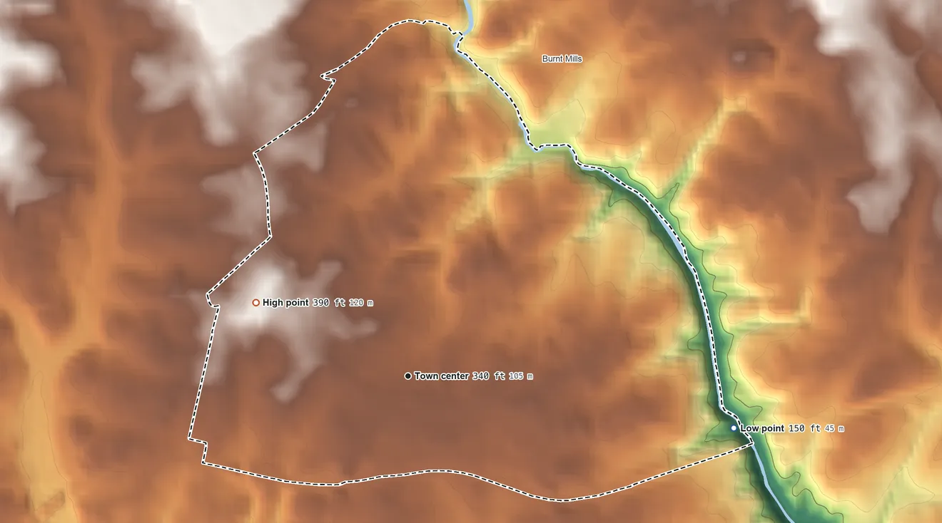 Topographic elevation map of Four Corners, Maryland, shaded from 150 ft on the east side to 390 ft on the northwest side