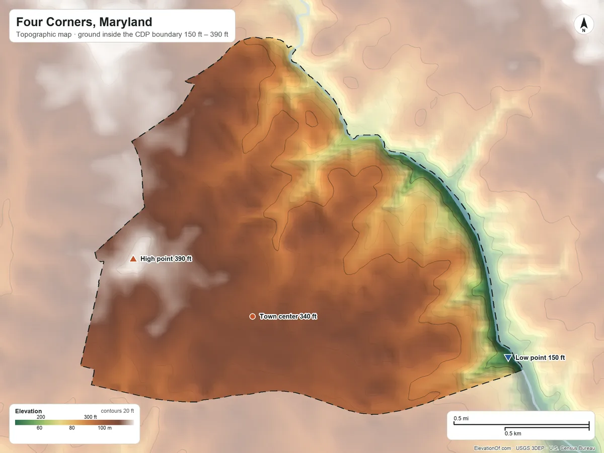 Topographic elevation map of Four Corners, Maryland, shaded from 150 ft on the east side to 390 ft on the northwest side