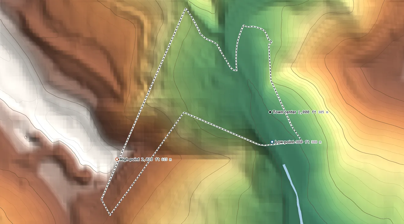 Topographic elevation map of Franklin, Maryland, shaded from 980 ft on the south side to 2,020 ft on the west edge, below higher ground just outside