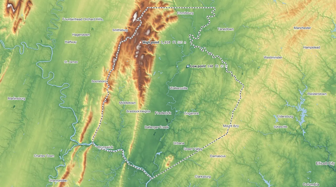 Topographic elevation map of Frederick County, Maryland, shaded from 140 ft on the northeast side to 1,910 ft on the northwest side