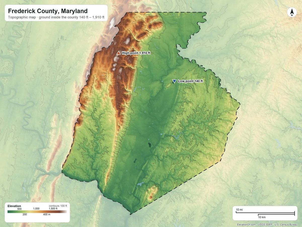 Topographic elevation map of Frederick County, Maryland, shaded from 140 ft on the northeast side to 1,910 ft on the northwest side