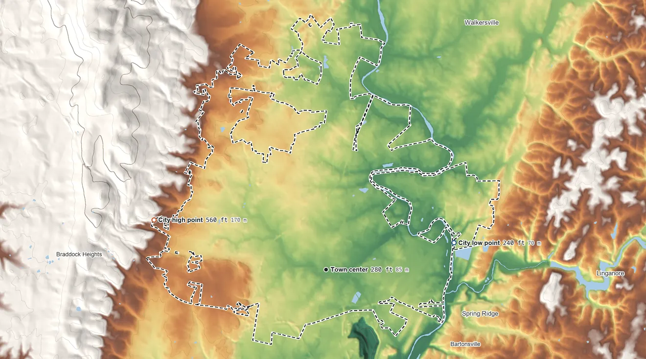 Topographic elevation map of Frederick, Maryland, shaded from 240 ft on the east side to 560 ft on the west edge, below higher ground just outside