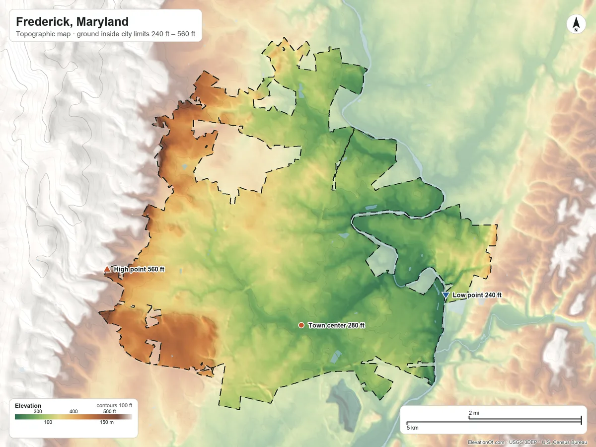 Topographic elevation map of Frederick, Maryland, shaded from 240 ft on the east side to 560 ft on the west edge, below higher ground just outside