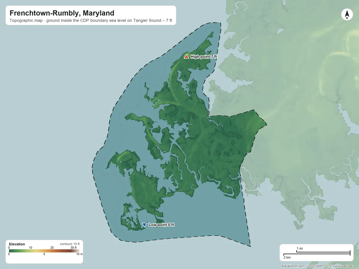 Topographic elevation map of Frenchtown-Rumbly, Maryland, shaded from sea level level on Tangier Sound to 7 ft near the middle