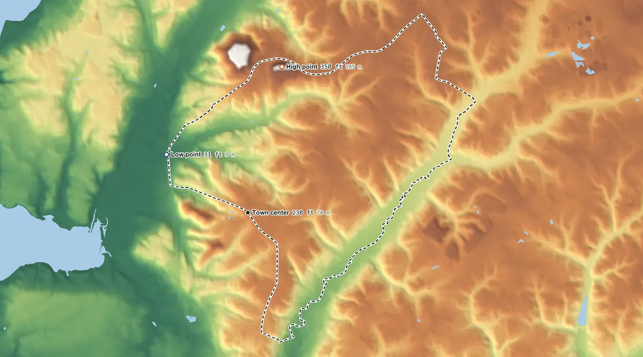 Topographic elevation map of Friendly, Maryland, shaded from 31 ft on the northwest side to 350 ft on the north side