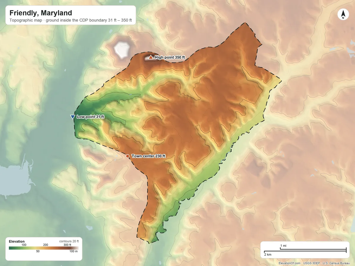 Topographic elevation map of Friendly, Maryland, shaded from 31 ft on the northwest side to 350 ft on the north side