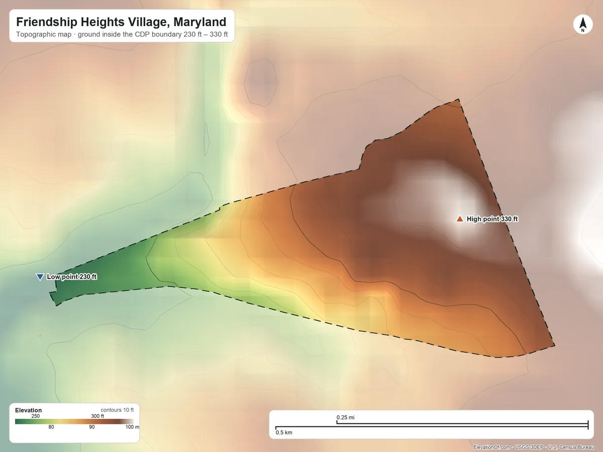 Topographic elevation map of Friendship Heights Village, Maryland, shaded from 230 ft on the west side to 330 ft on the northeast side