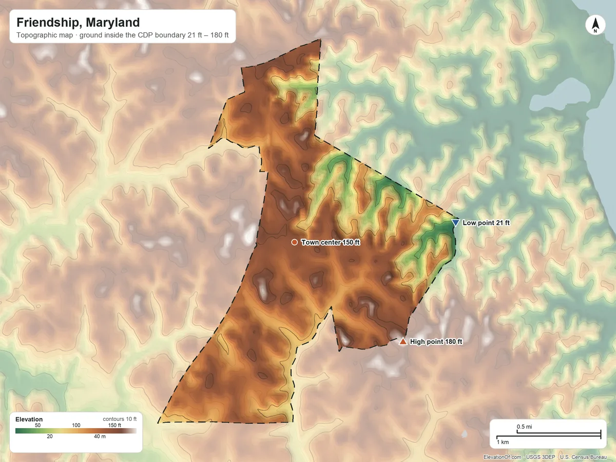Topographic elevation map of Friendship, Maryland, shaded from 21 ft on the east side to 180 ft on the southeast side