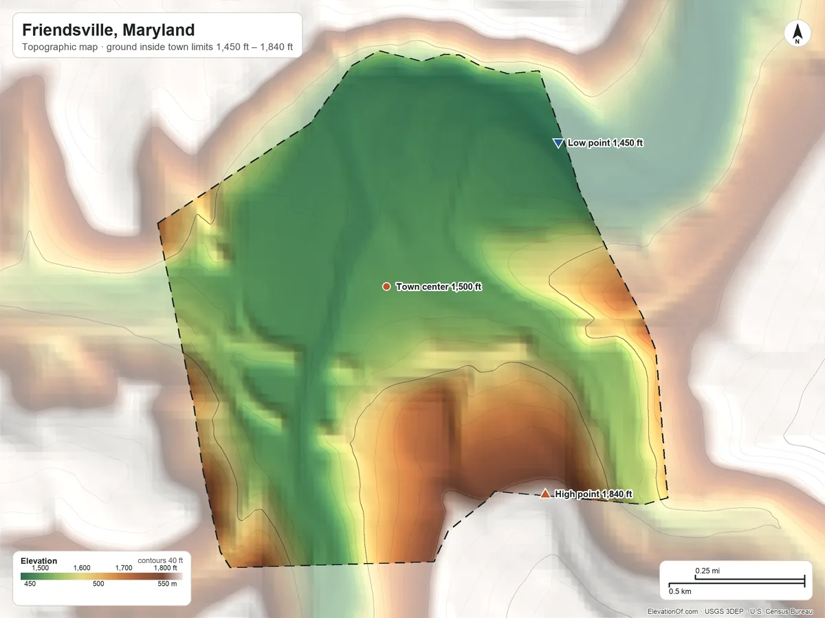 Topographic elevation map of Friendsville, Maryland, shaded from 1,450 ft on the northeast side to 1,840 ft on the southeast edge, below higher ground just outside