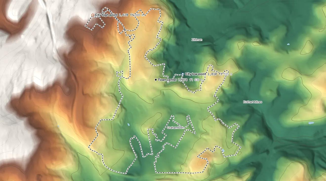 Topographic elevation map of Frostburg, Maryland, shaded from 1,810 ft on the east side to 2,620 ft on the northwest side