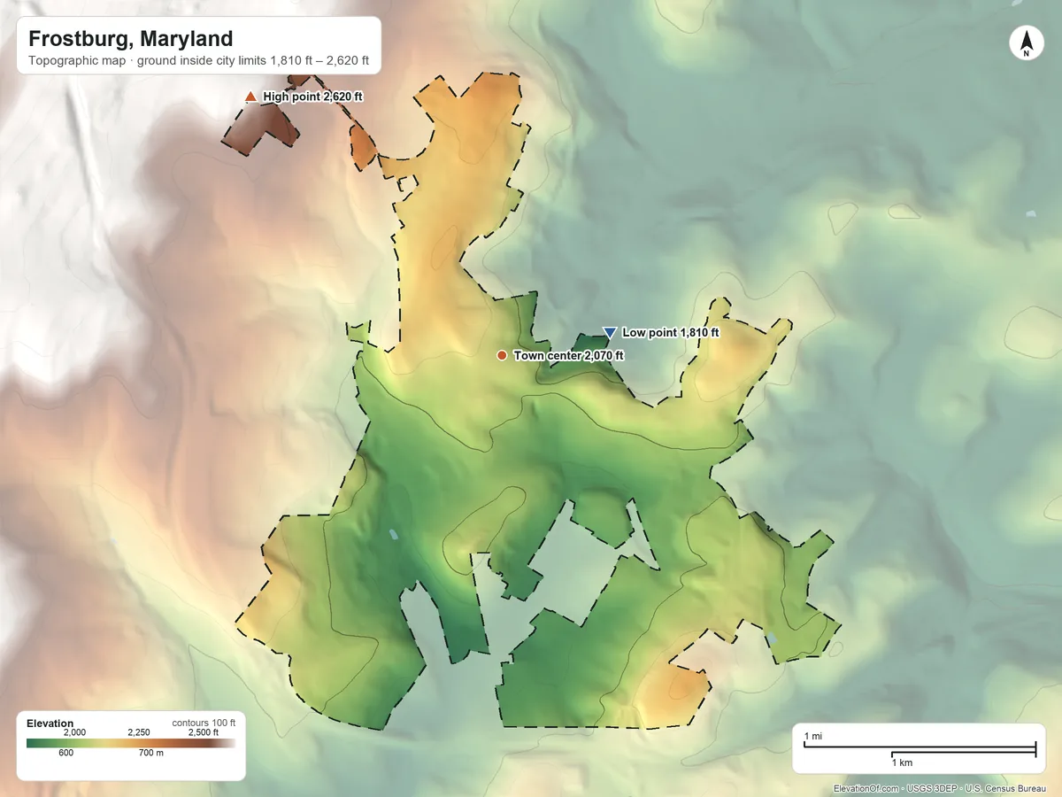 Topographic elevation map of Frostburg, Maryland, shaded from 1,810 ft on the east side to 2,620 ft on the northwest side