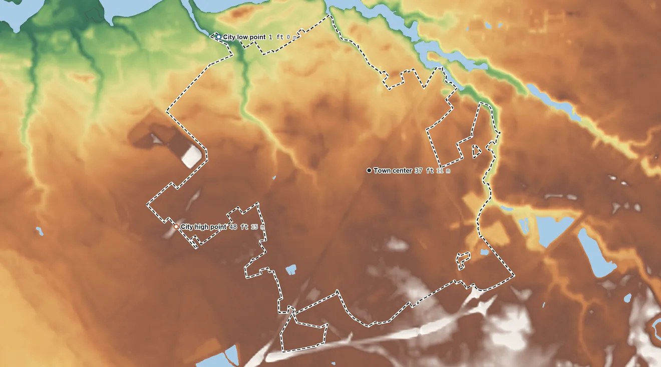 Topographic elevation map of Fruitland, Maryland, shaded from 1 ft on the northwest side to 48 ft on the west side