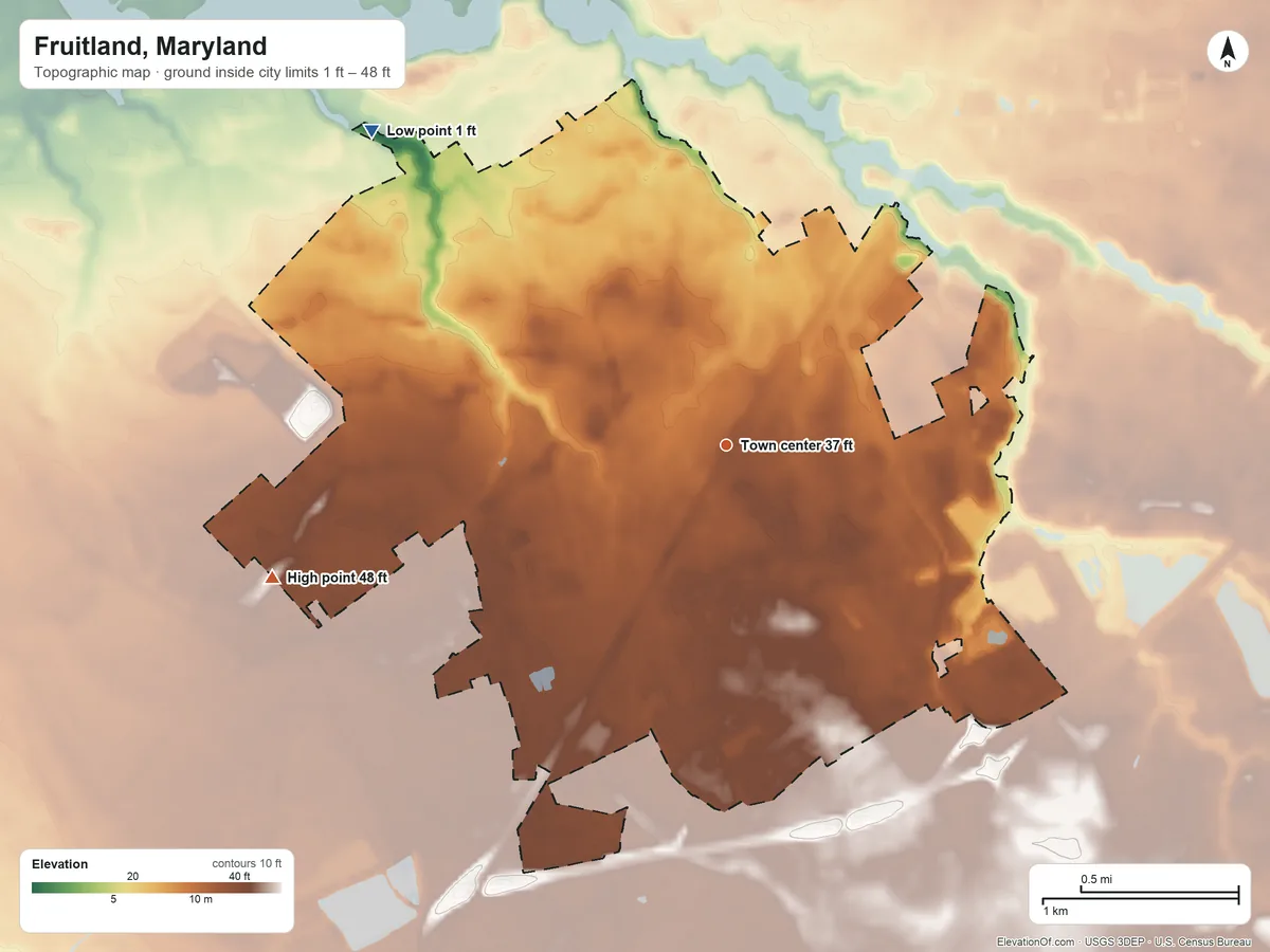Topographic elevation map of Fruitland, Maryland, shaded from 1 ft on the northwest side to 48 ft on the west side