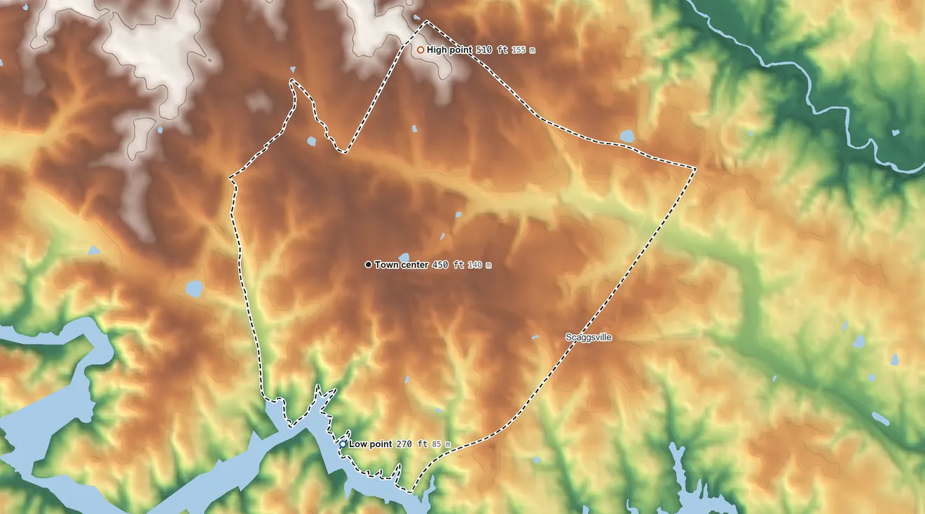 Topographic elevation map of Fulton, Maryland, shaded from 270 ft on the south side to 510 ft on the north side