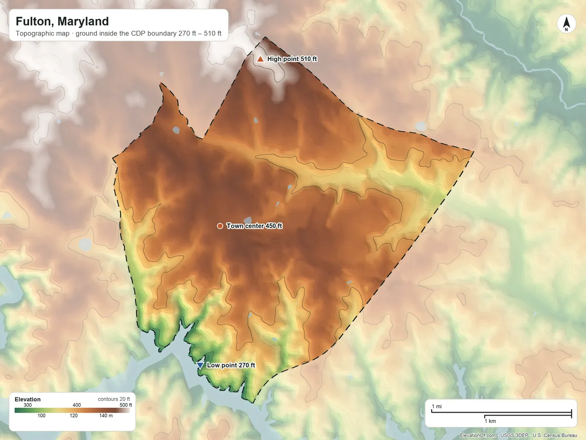 Topographic elevation map of Fulton, Maryland, shaded from 270 ft on the south side to 510 ft on the north side