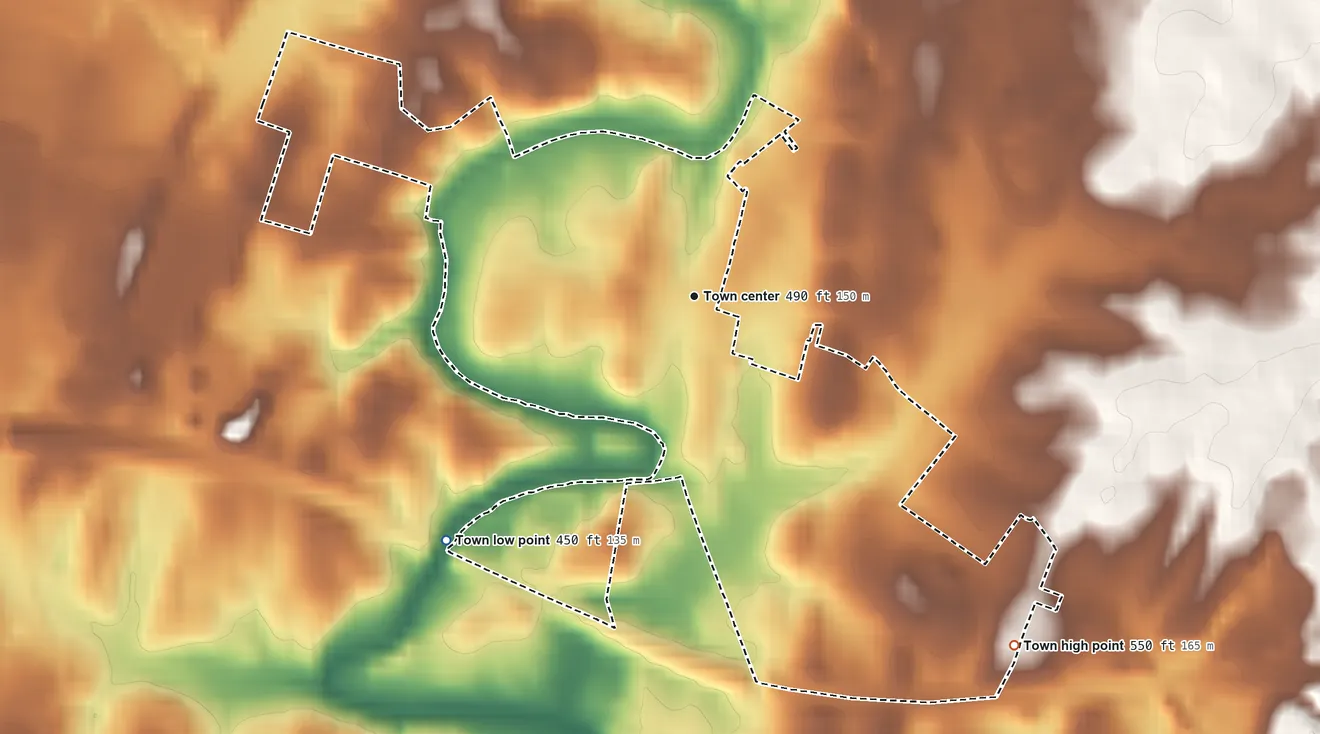 Topographic elevation map of Funkstown, Maryland, shaded from 450 ft on the southwest side to 550 ft on the southeast side