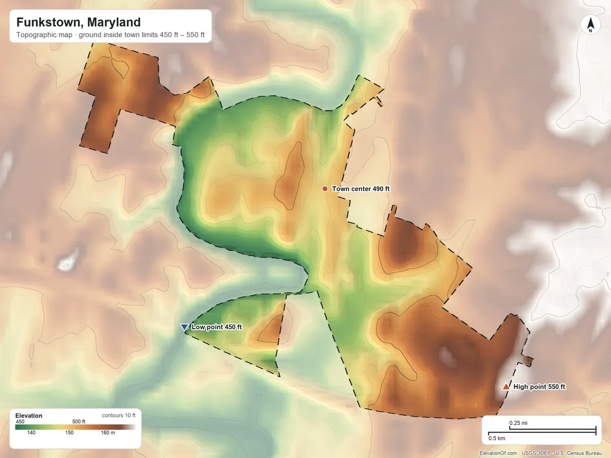 Topographic elevation map of Funkstown, Maryland, shaded from 450 ft on the southwest side to 550 ft on the southeast side