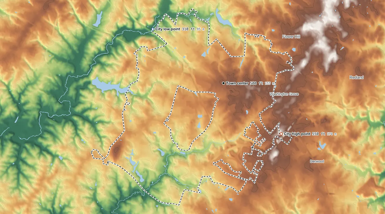 Topographic elevation map of Gaithersburg, Maryland, shaded from 310 ft on the northwest side to 550 ft on the southeast side