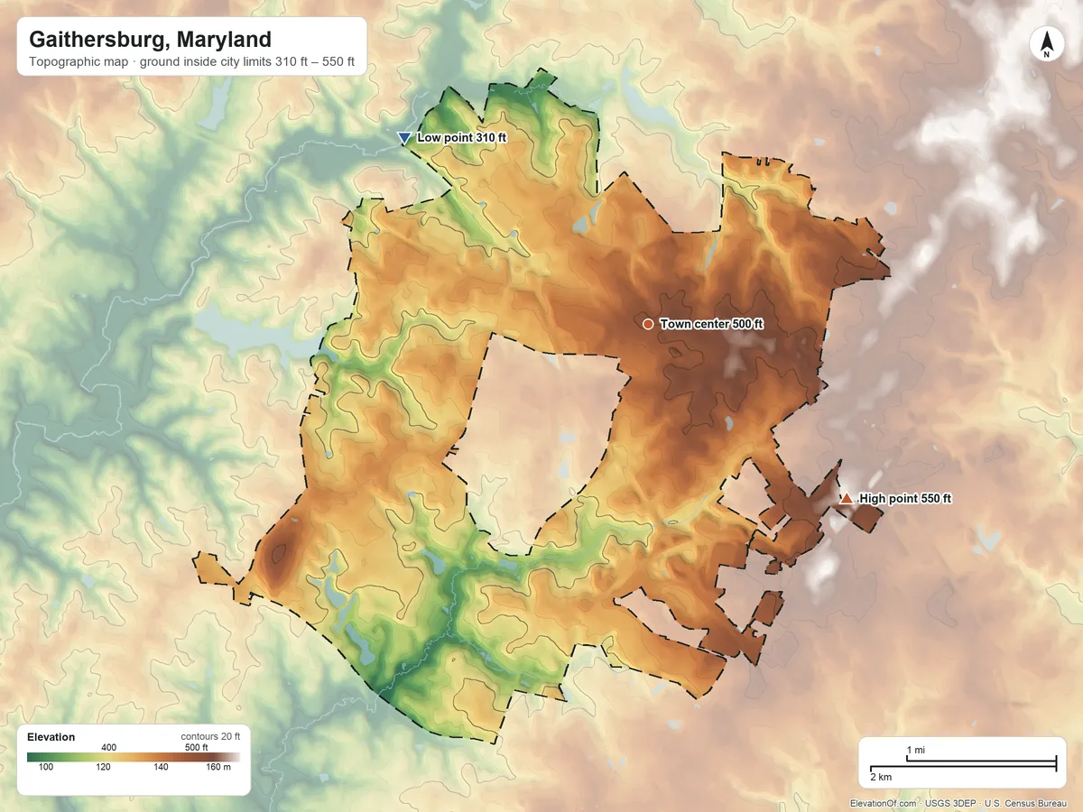 Topographic elevation map of Gaithersburg, Maryland, shaded from 310 ft on the northwest side to 550 ft on the southeast side