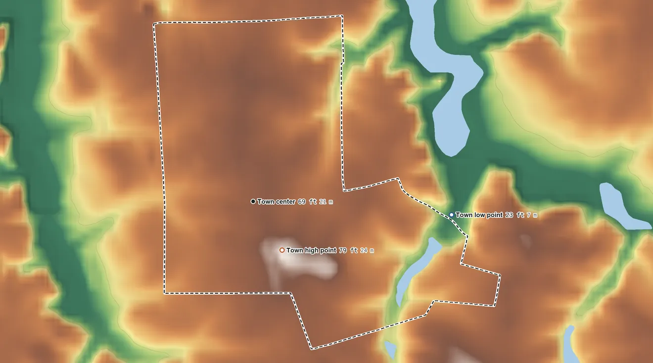 Topographic elevation map of Galena, Maryland, shaded from 23 ft on the east side to 79 ft on the southeast side
