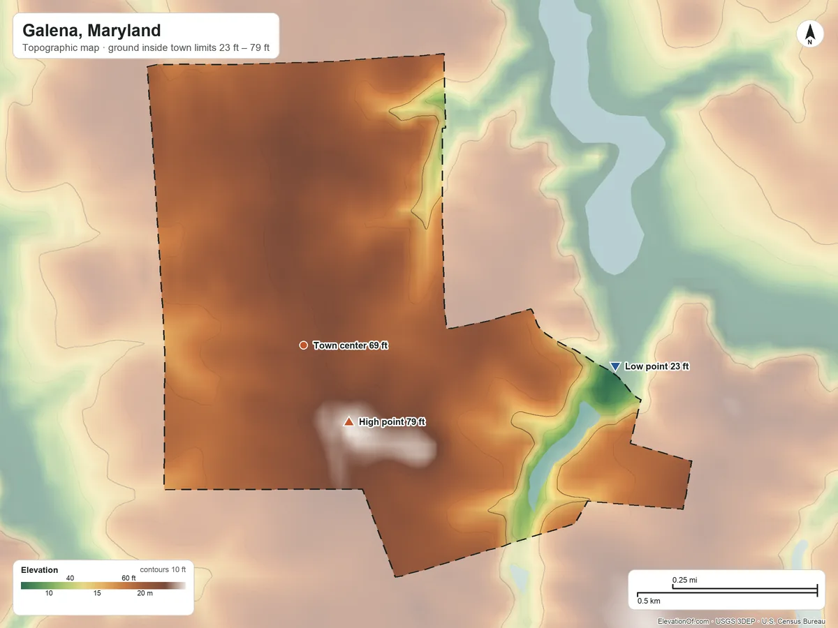 Topographic elevation map of Galena, Maryland, shaded from 23 ft on the east side to 79 ft on the southeast side