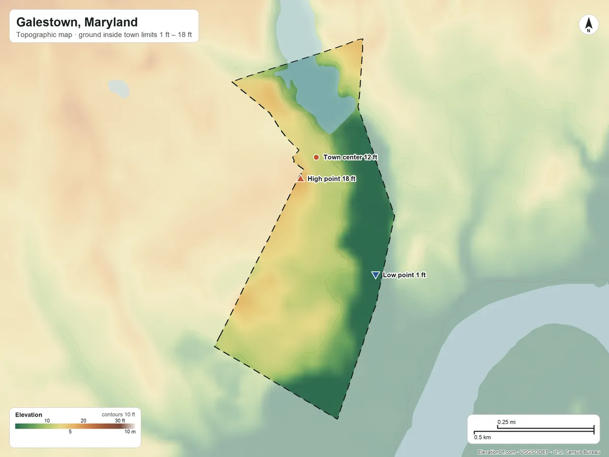 Topographic elevation map of Galestown, Maryland, shaded from 1 ft on the southeast side to 18 ft near the middle