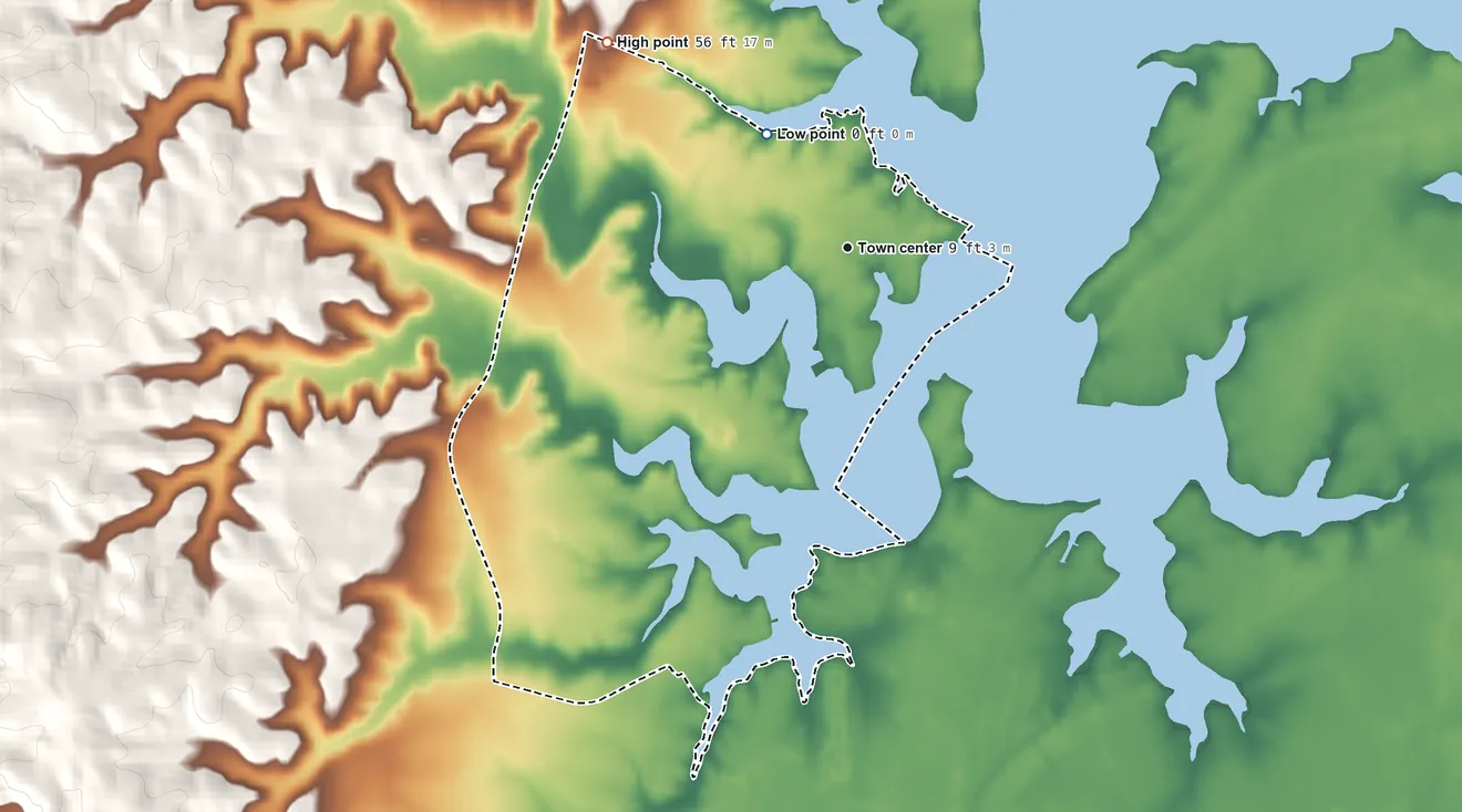 Topographic elevation map of Galesville, Maryland, shaded from sea level level on the West River to 56 ft on the northwest side
