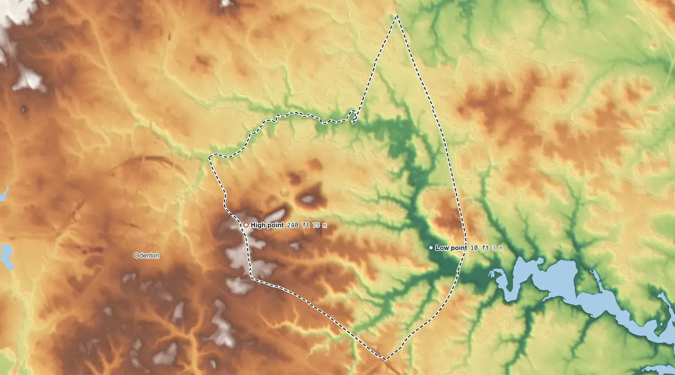 Topographic elevation map of Gambrills, Maryland, shaded from 10 ft on the southeast side to 240 ft on the west side