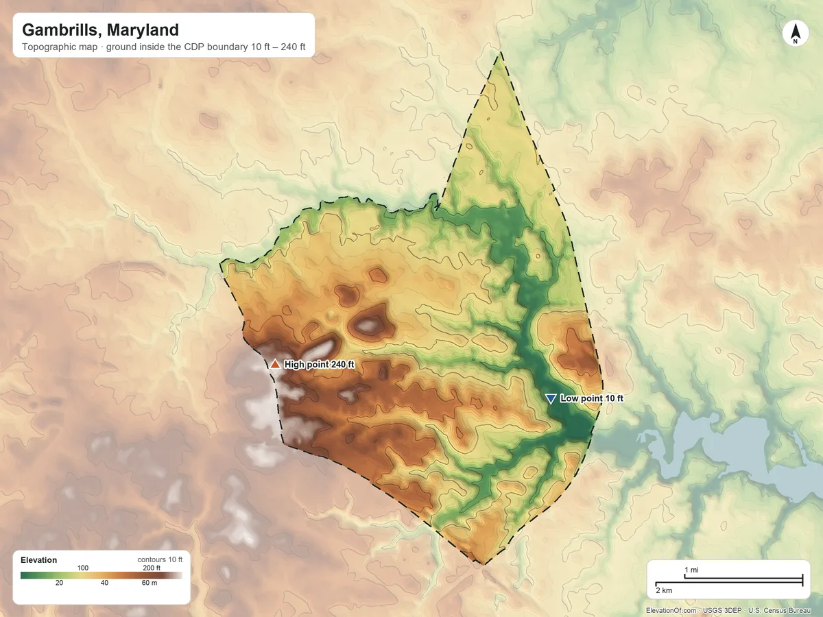 Topographic elevation map of Gambrills, Maryland, shaded from 10 ft on the southeast side to 240 ft on the west side