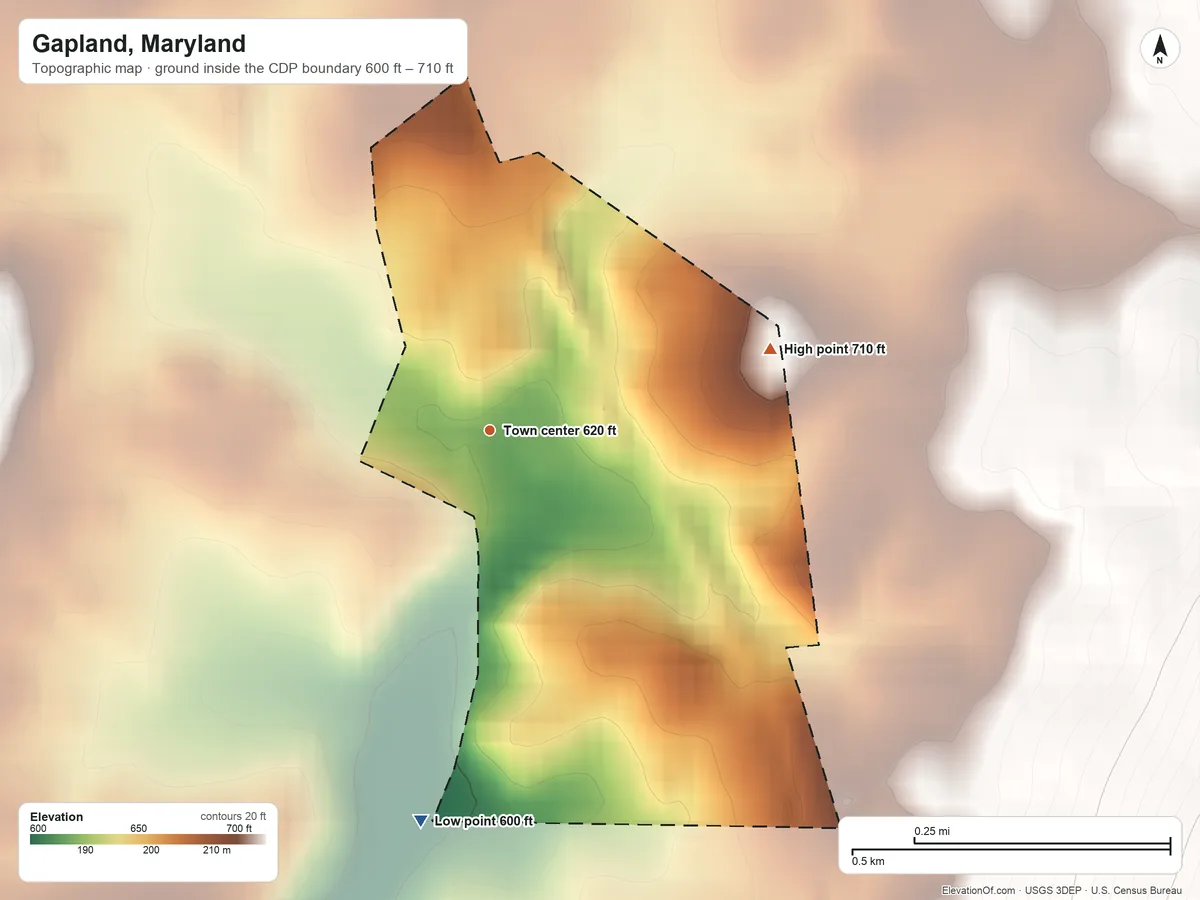 Topographic elevation map of Gapland, Maryland, shaded from 600 ft on the south side to 710 ft on the east edge, below higher ground just outside