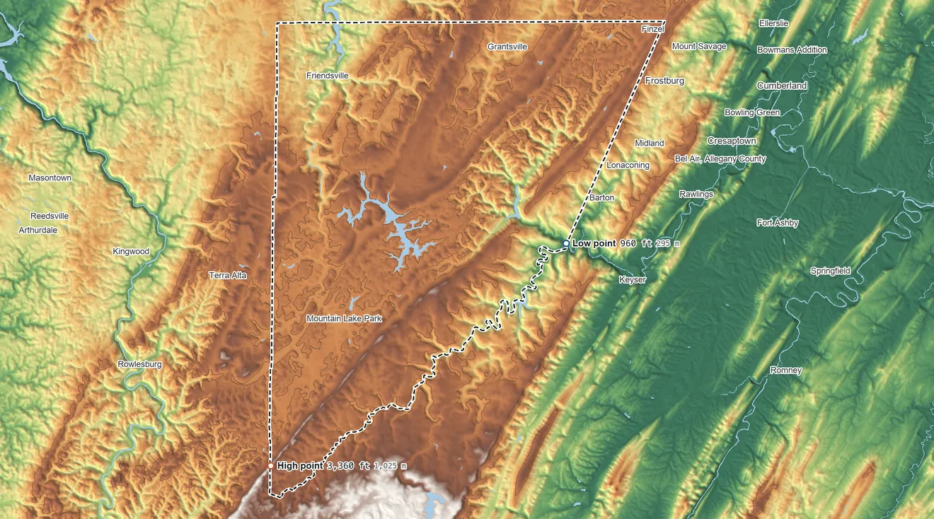 Topographic elevation map of Garrett County, Maryland, shaded from 960 ft on the east side to 3,360 ft on Hoye-Crest