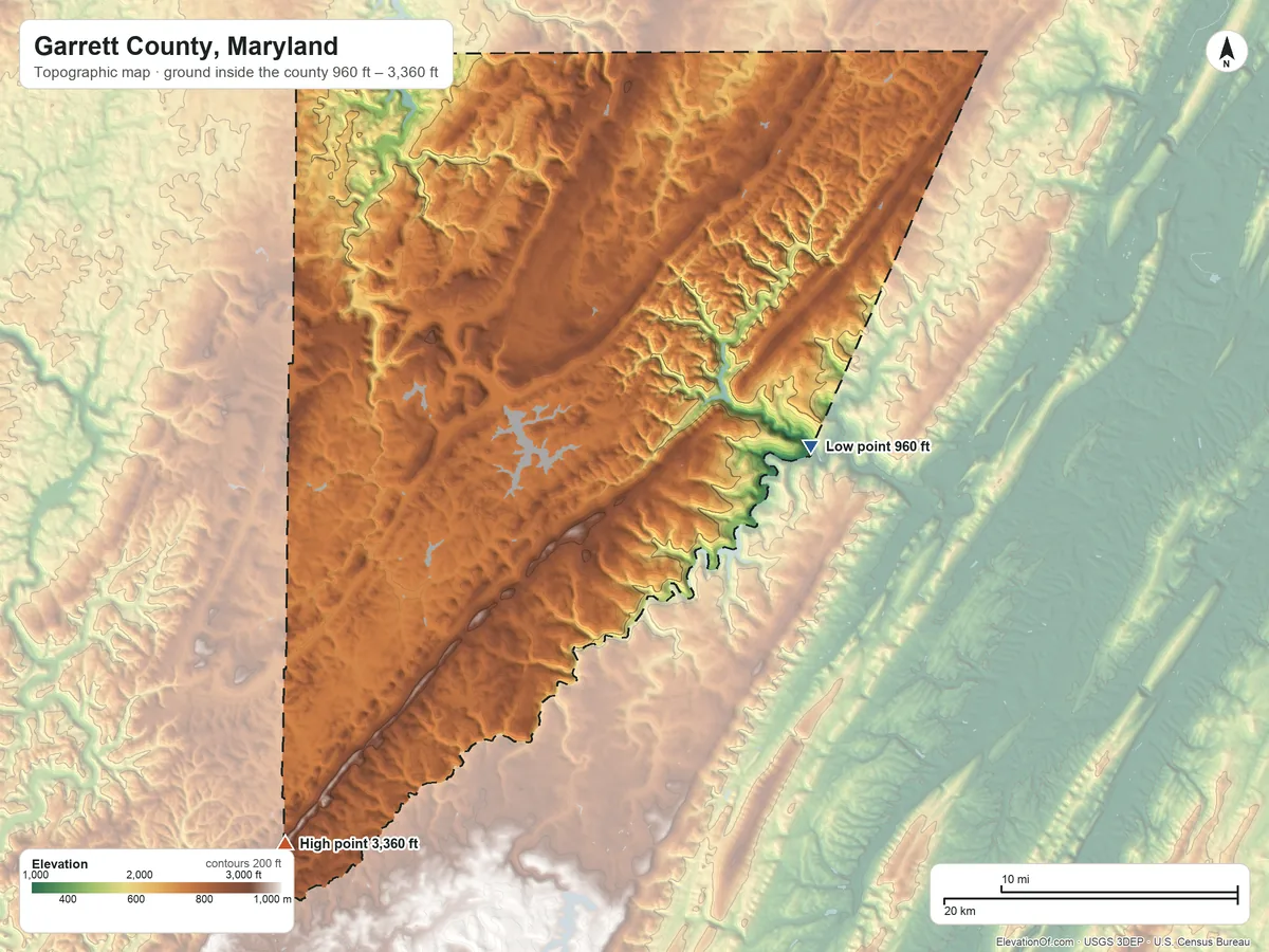 Topographic elevation map of Garrett County, Maryland, shaded from 960 ft on the east side to 3,360 ft on Hoye-Crest