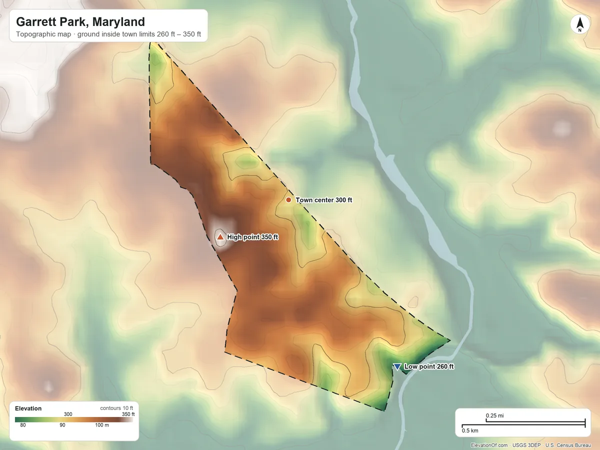 Topographic elevation map of Garrett Park, Maryland, shaded from 260 ft on the southeast side to 350 ft on the southwest side