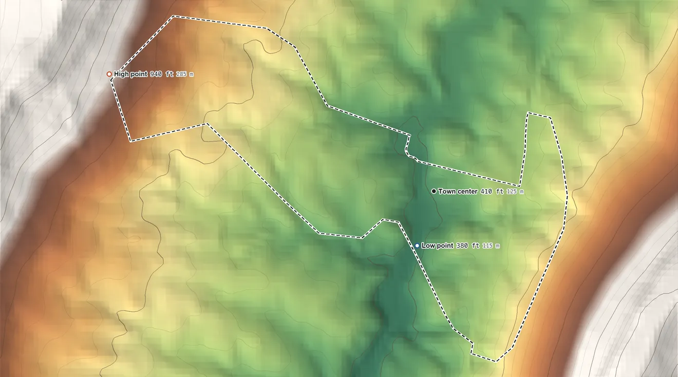 Topographic elevation map of Garretts Mill, Maryland, shaded from 380 ft near the middle to 940 ft on the west edge, below higher ground just outside
