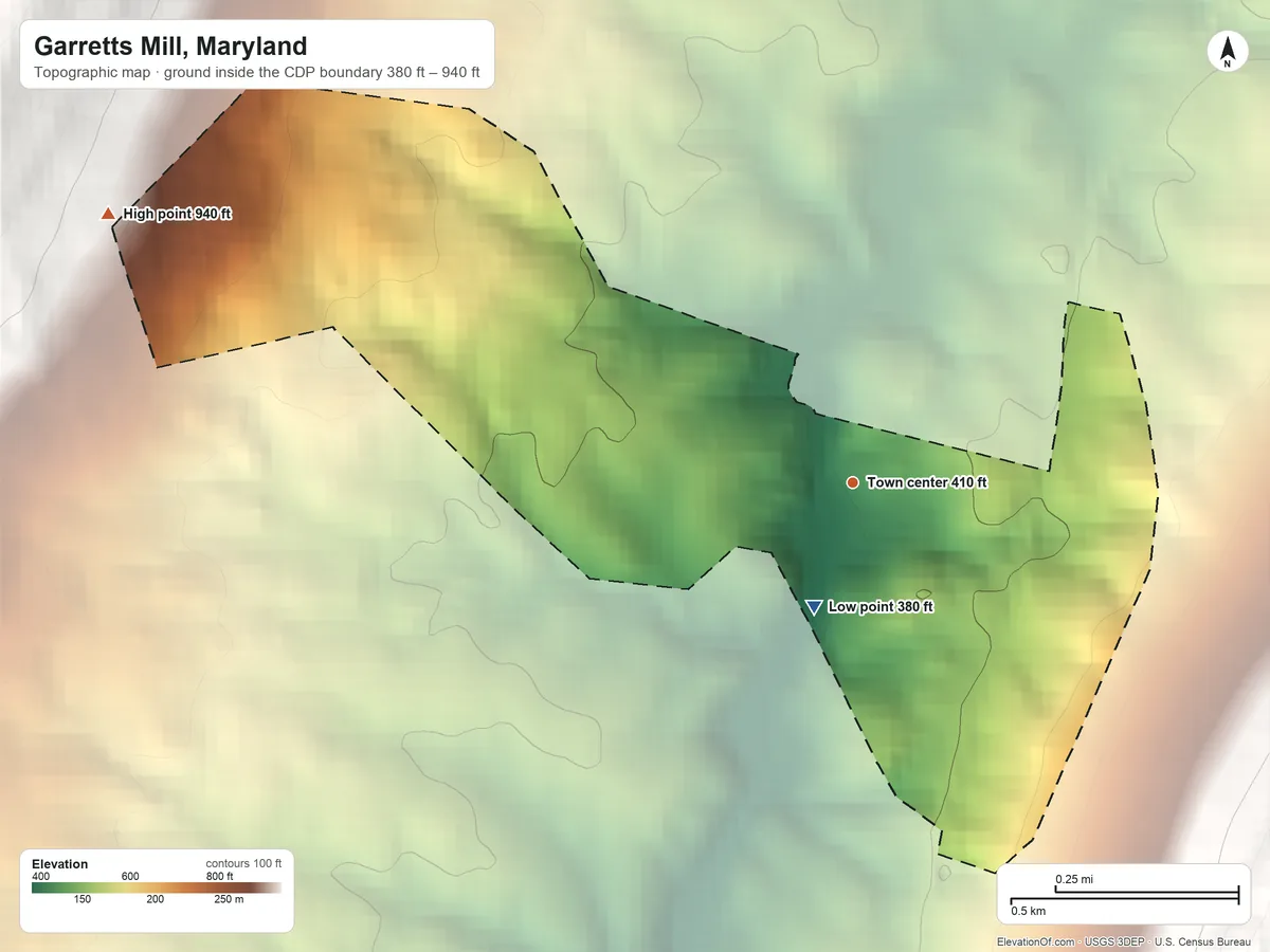 Topographic elevation map of Garretts Mill, Maryland, shaded from 380 ft near the middle to 940 ft on the west edge, below higher ground just outside