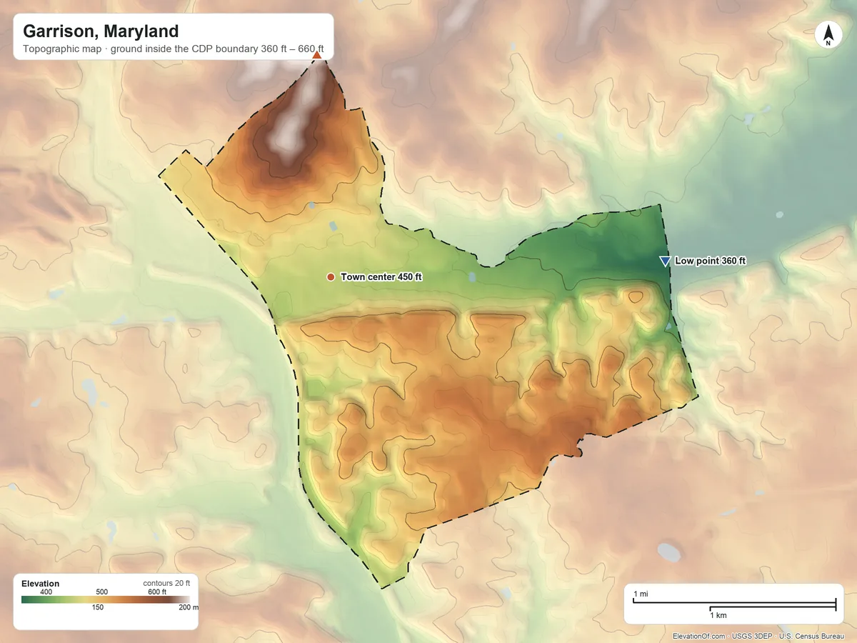 Topographic elevation map of Garrison, Maryland, shaded from 360 ft on the east side to 660 ft on the north side