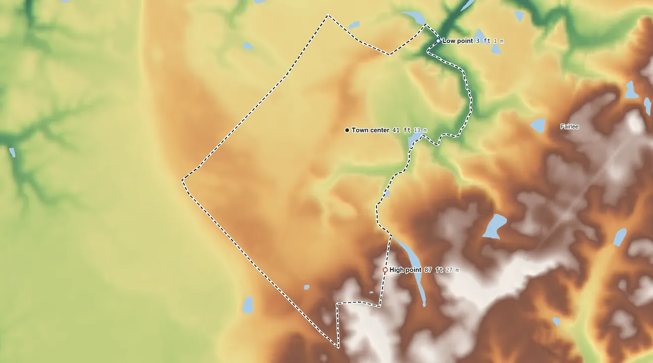 Topographic elevation map of Georgetown, Maryland, shaded from 3 ft on the northeast side to 87 ft on the south side