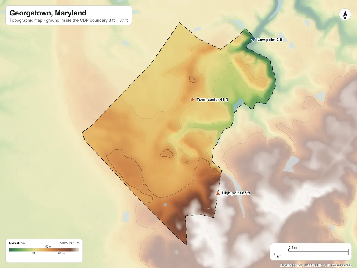 Topographic elevation map of Georgetown, Maryland, shaded from 3 ft on the northeast side to 87 ft on the south side