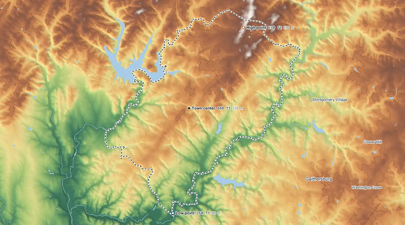 Topographic elevation map of Germantown, Maryland, shaded from 260 ft on the south side to 630 ft on the northeast side