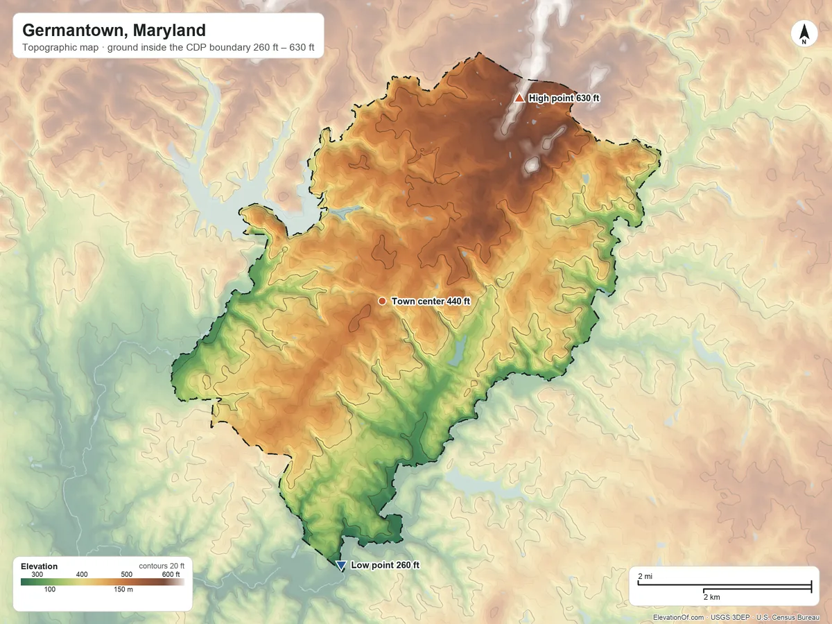 Topographic elevation map of Germantown, Maryland, shaded from 260 ft on the south side to 630 ft on the northeast side