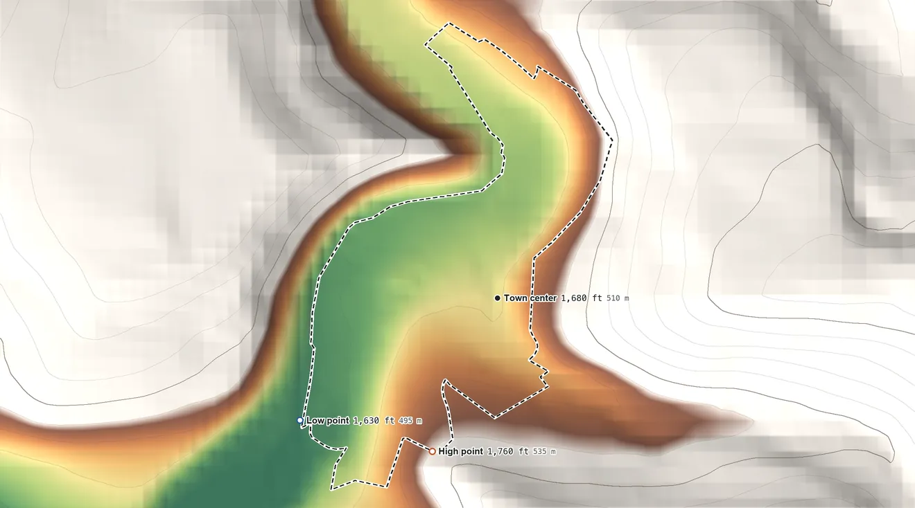 Topographic elevation map of Gilmore, Maryland, shaded from 1,630 ft on the southwest side to 1,760 ft on the southwest edge, below higher ground just outside