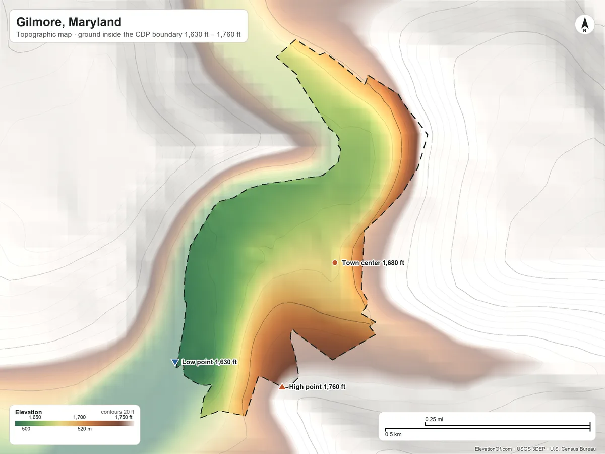Topographic elevation map of Gilmore, Maryland, shaded from 1,630 ft on the southwest side to 1,760 ft on the southwest edge, below higher ground just outside