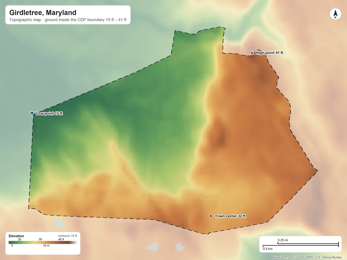 Topographic elevation map of Girdletree, Maryland, shaded from 15 ft on the northwest side to 41 ft on the north side