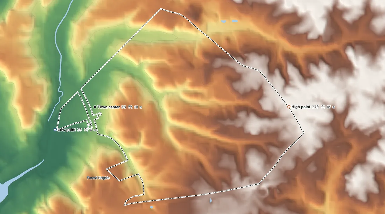 Topographic elevation map of Glassmanor, Maryland, shaded from 20 ft on the southwest side to 270 ft on the east side