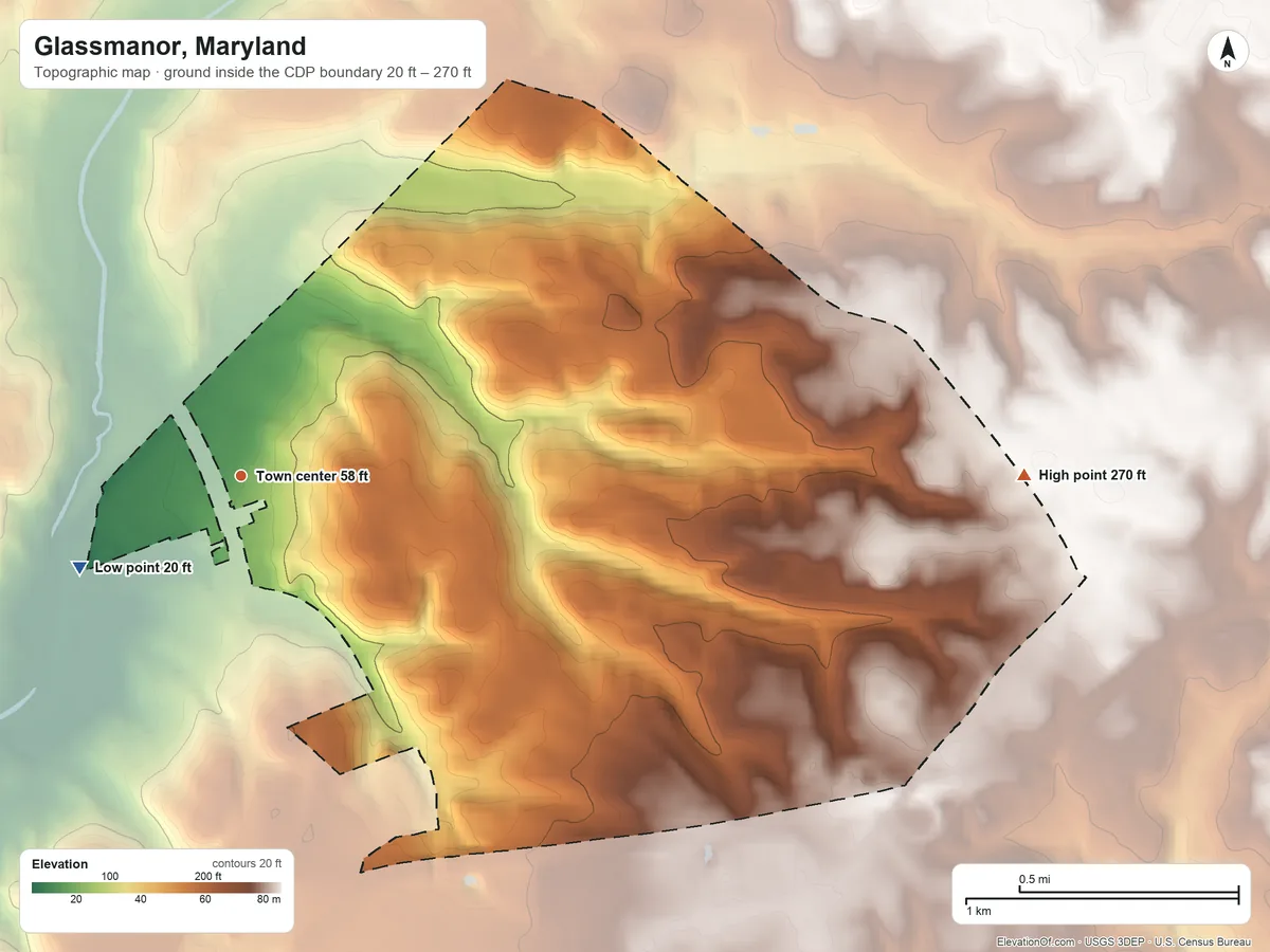 Topographic elevation map of Glassmanor, Maryland, shaded from 20 ft on the southwest side to 270 ft on the east side