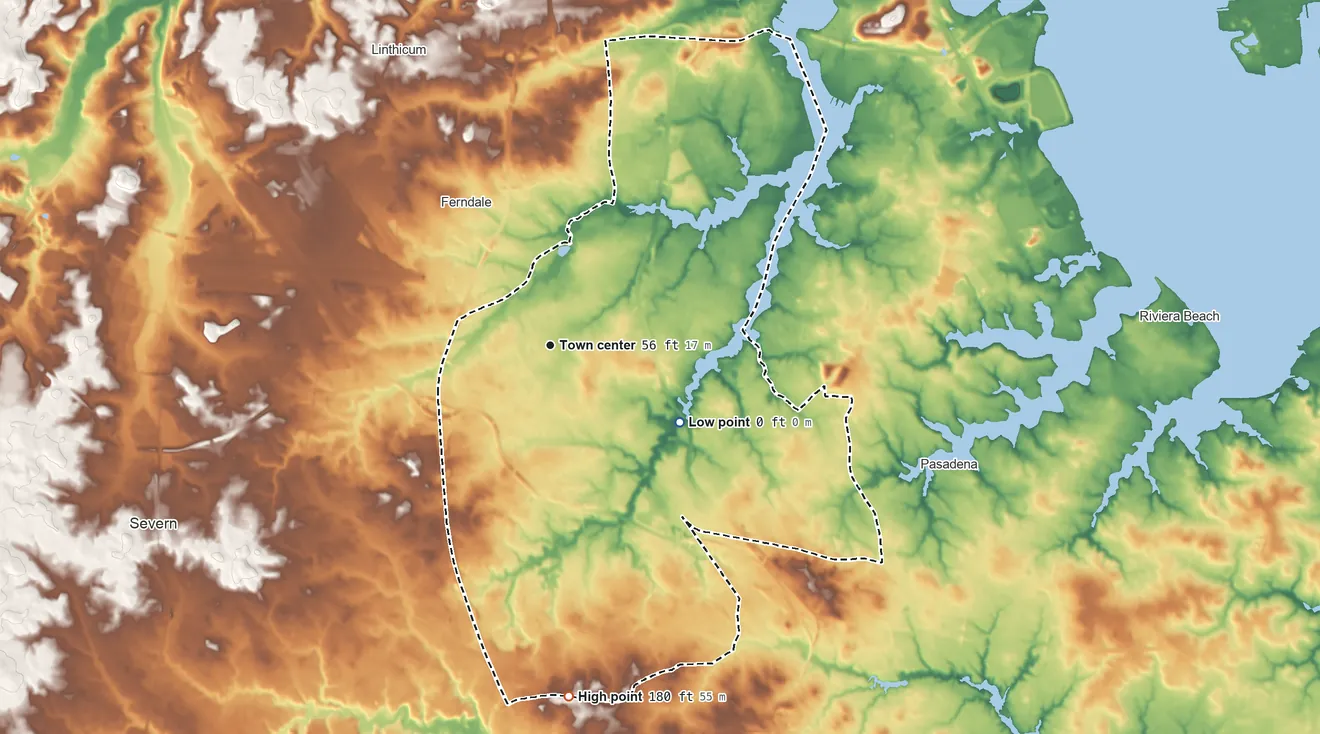 Topographic elevation map of Glen Burnie, Maryland, shaded from 0 ft on the southeast side to 180 ft on the south side