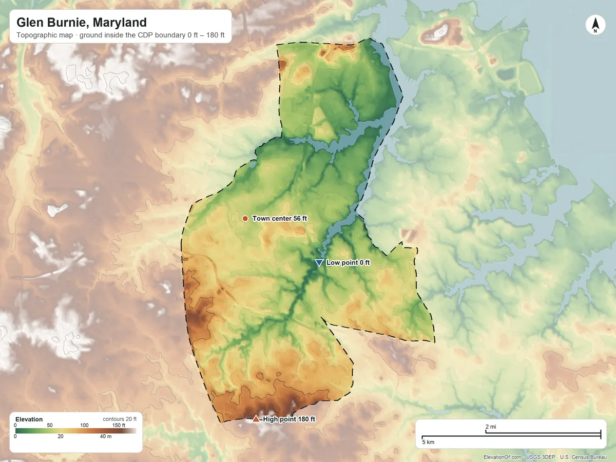 Topographic elevation map of Glen Burnie, Maryland, shaded from 0 ft on the southeast side to 180 ft on the south side