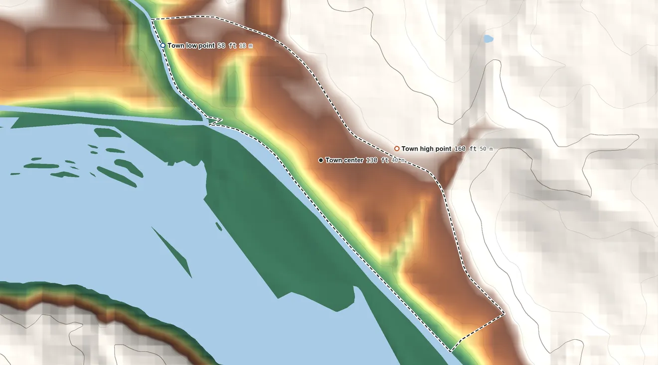 Topographic elevation map of Glen Echo, Maryland, shaded from 58 ft on the northwest side to 160 ft on the east side
