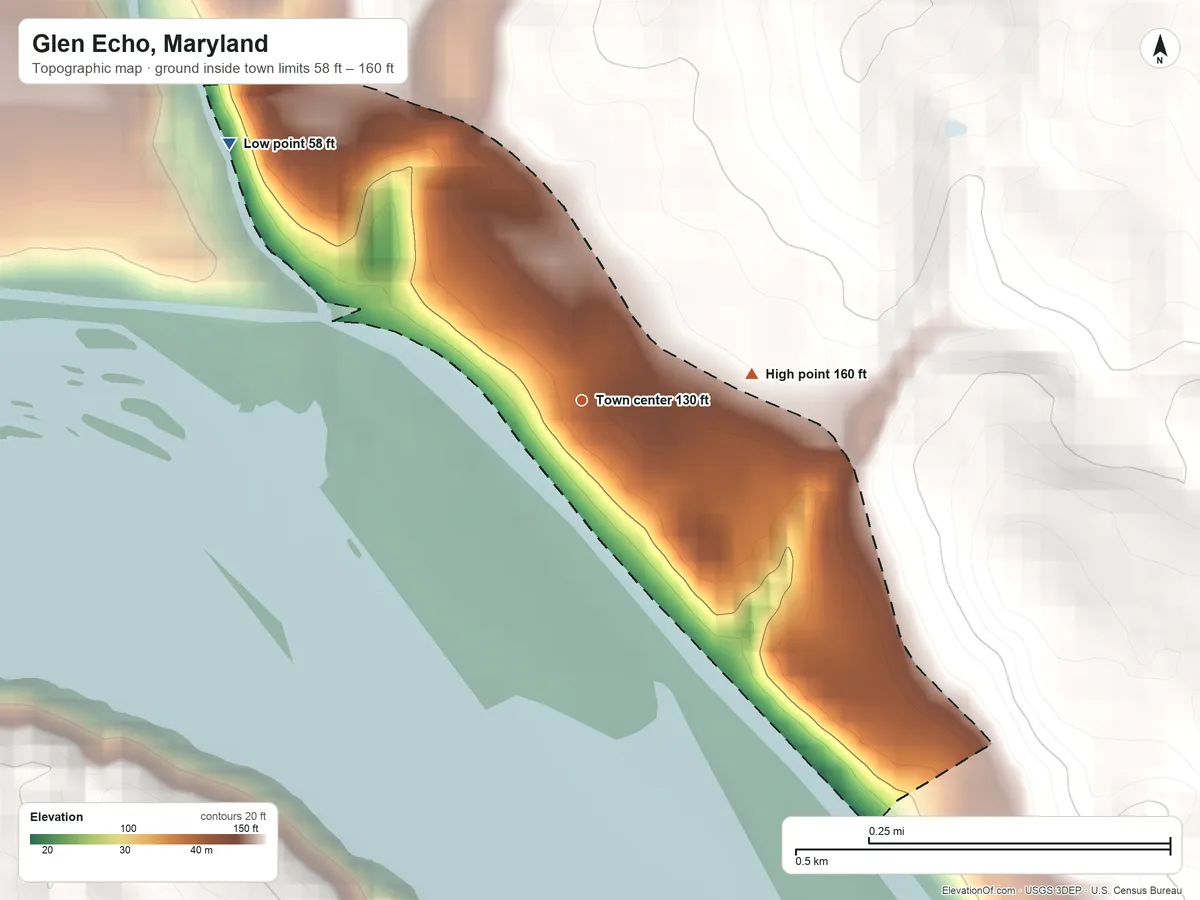Topographic elevation map of Glen Echo, Maryland, shaded from 58 ft on the northwest side to 160 ft on the east side